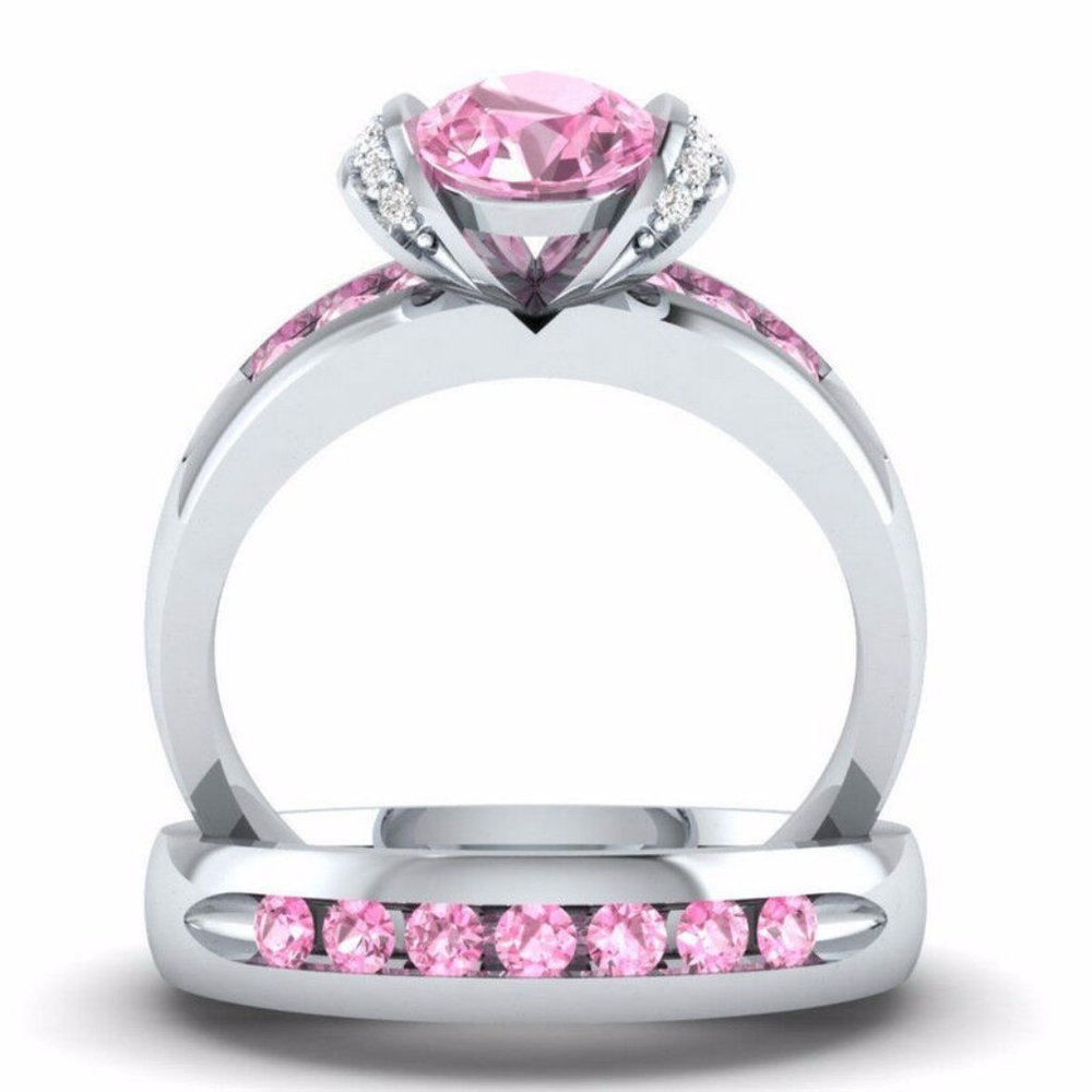 New 2pc 925 Silver Round Cut Pink Sapphire Ring - Picture 4 of 4